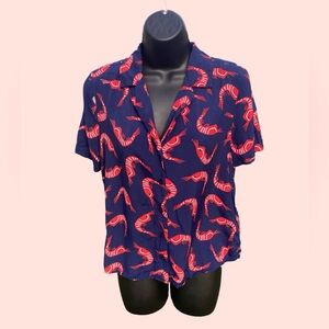 ModCloth Women’s shrimp prawn button-up down shirt novelty Coastal‎ Beachy blue